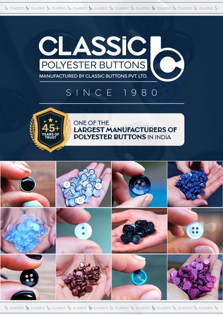 Classic Polyester Buttons introduction highlighting the company's 45 years of polyester button manufacturing in India
