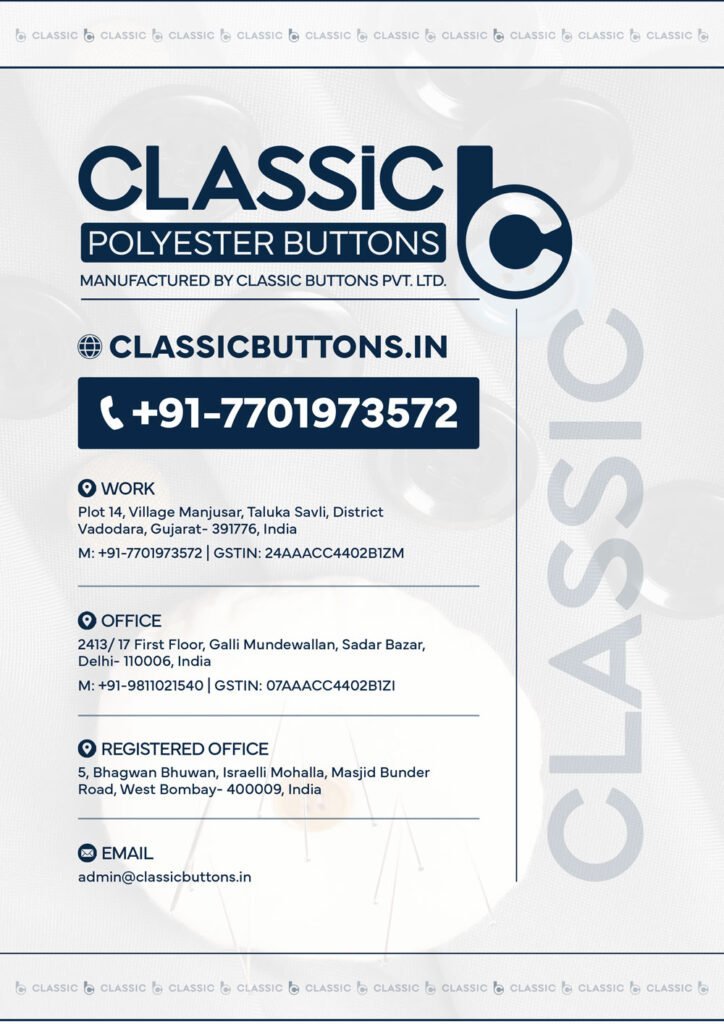 Classic Buttons contact details showing its manufacturing plant and office locations across India