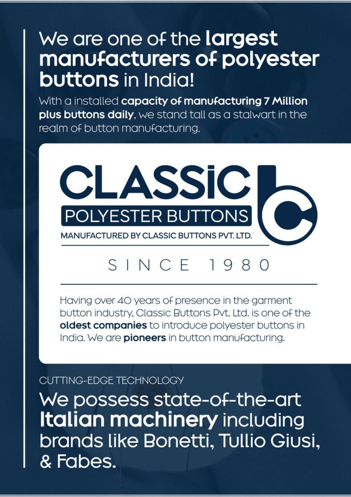Classic Buttons manufacturing capabilities featuring Italian machinery and large-scale polyester button production