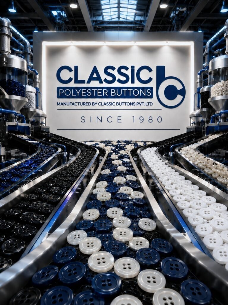 Classic Polyester Buttons production at a garment factory in Gujarat with large-scale button manufacturing operations